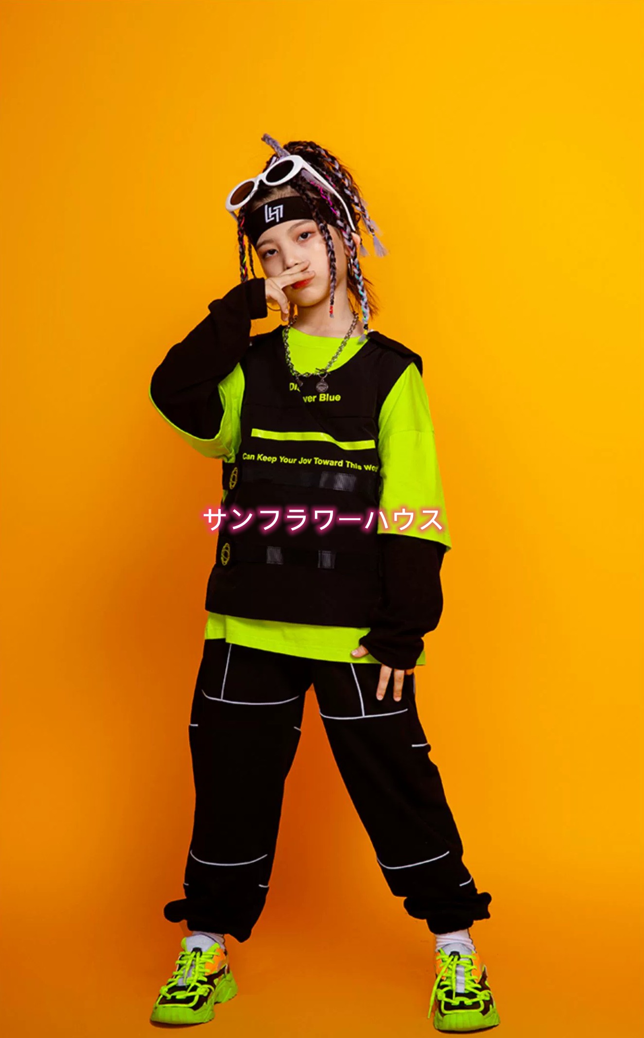 キッズダンス 衣装 セットアップ ヒップホップ ファッション ダンス衣装 韓国 オレンジ K-POP 黒 女の子 黄緑 男の子 ズボン 