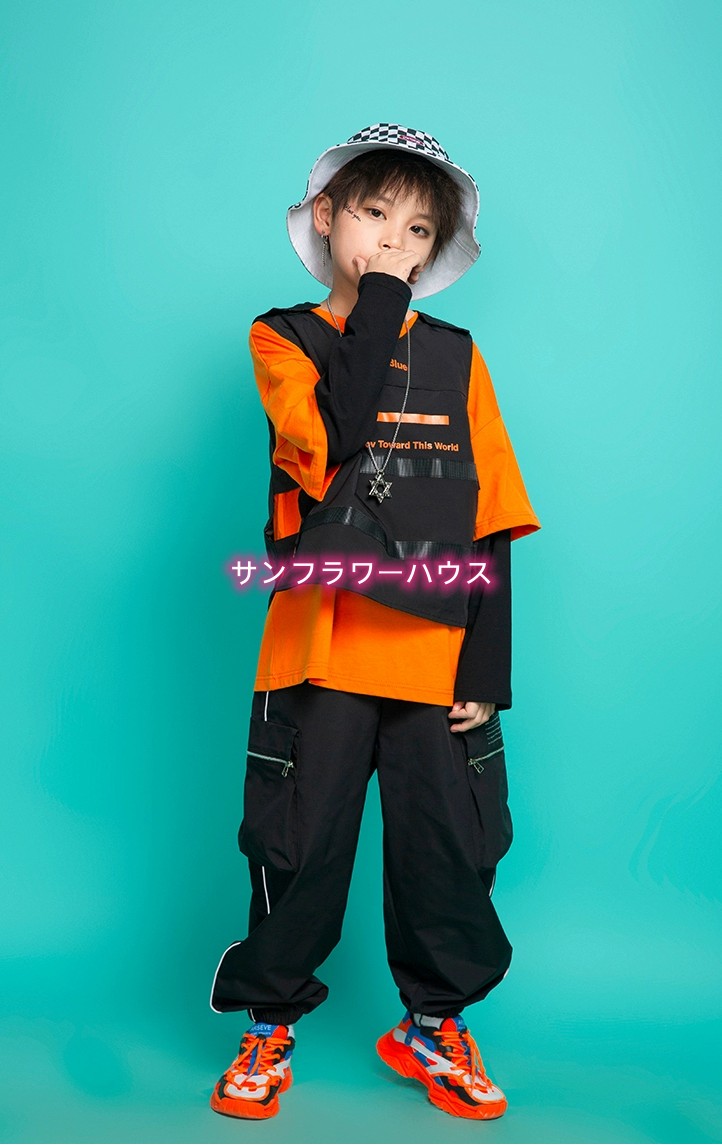 キッズダンス 衣装 セットアップ ヒップホップ ファッション ダンス衣装 韓国 オレンジ K-POP 黒 女の子 黄緑 男の子 ズボン 