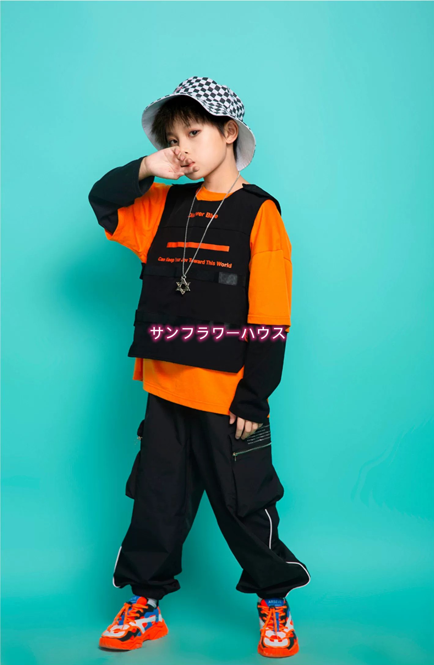 キッズダンス 衣装 セットアップ ヒップホップ ファッション ダンス衣装 韓国 オレンジ K-POP 黒 女の子 黄緑 男の子 ズボン 