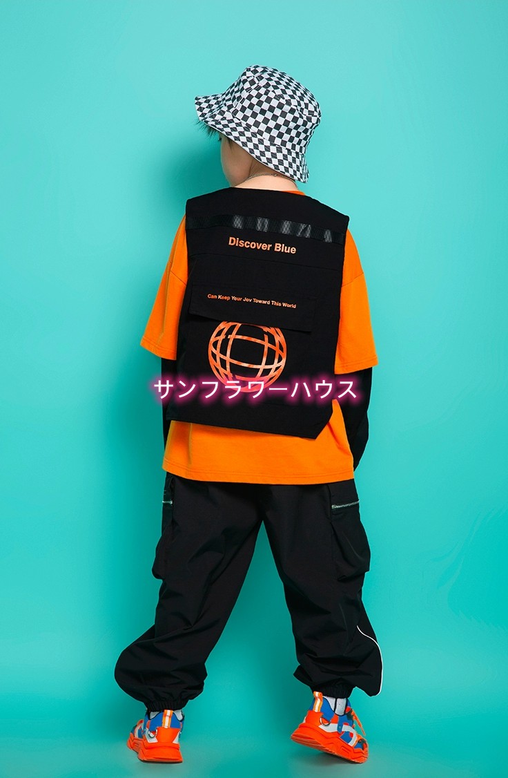 キッズダンス 衣装 セットアップ ヒップホップ ファッション ダンス衣装 韓国 オレンジ K-POP 黒 女の子 黄緑 男の子 ズボン 