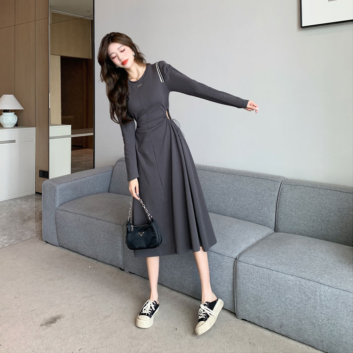 ウエストカットアウト 長袖フレアロングワンピース グレー 黒 カジュアル おしゃれ レディース きれいめ 韓国 服 