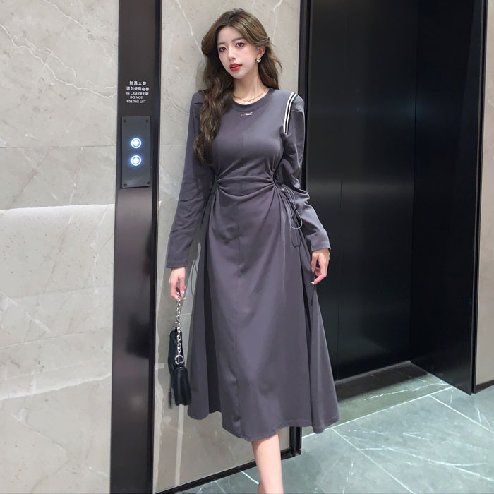 ウエストカットアウト 長袖フレアロングワンピース グレー 黒 カジュアル おしゃれ レディース きれいめ 韓国 服 