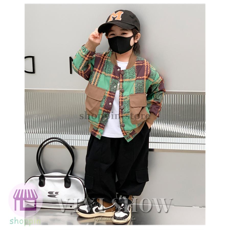 キッズ アウター 長袖 トップス ジャンパー シンプル 動きやすい 着やすい チェック ゆったり カジュアル おしゃれ あわせやすい ポケット 