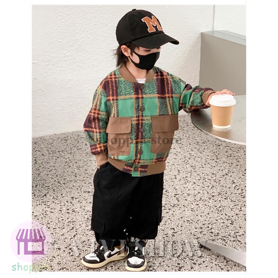 キッズ アウター 長袖 トップス ジャンパー シンプル 動きやすい 着やすい チェック ゆったり カジュアル おしゃれ あわせやすい ポケット 