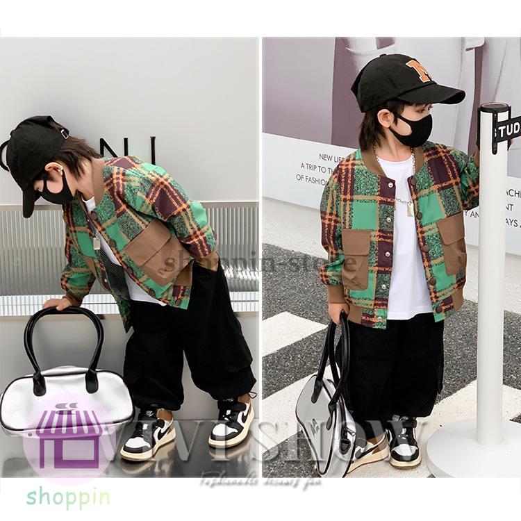 キッズ アウター 長袖 トップス ジャンパー シンプル 動きやすい 着やすい チェック ゆったり カジュアル おしゃれ あわせやすい ポケット 