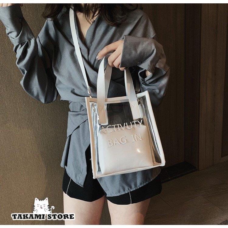 クリアバッグ 透明 ポーチ付き トートバッグ ハンドバッグ 肩がけバッグ おしゃれ 大容量 防水 ビニールバッグ 透明バッグ ショルダーバッグ 