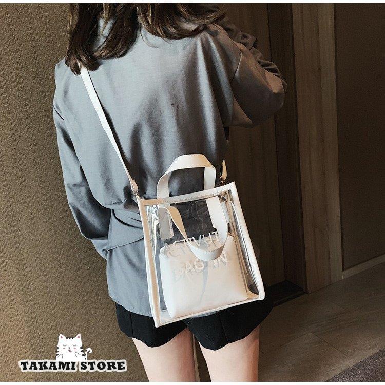 クリアバッグ 透明 ポーチ付き トートバッグ ハンドバッグ 肩がけバッグ おしゃれ 大容量 防水 ビニールバッグ 透明バッグ ショルダーバッグ 