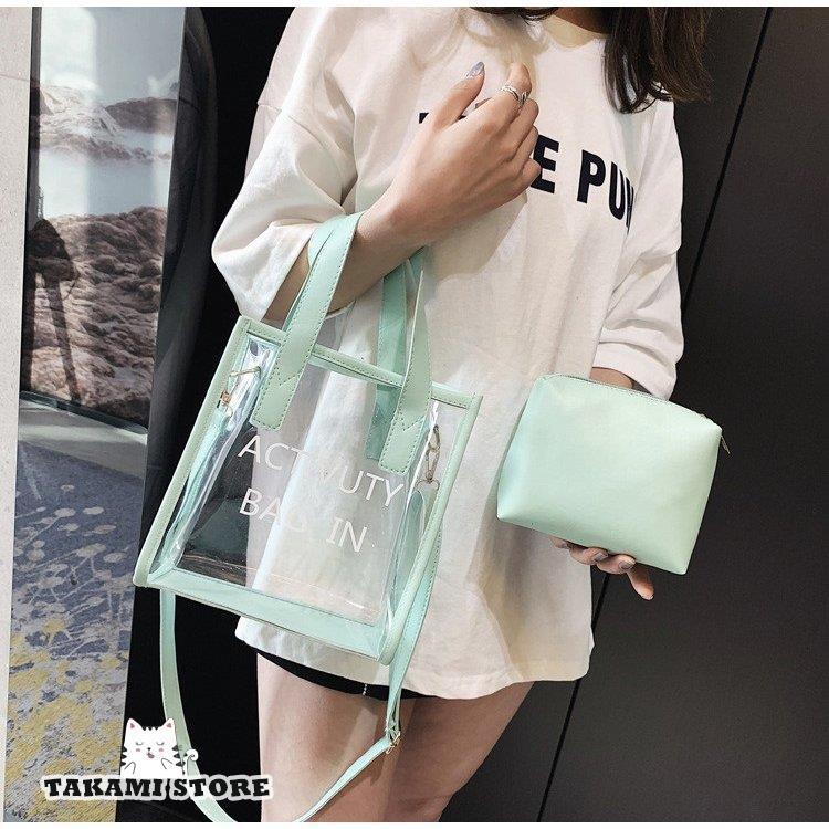 クリアバッグ 透明 ポーチ付き トートバッグ ハンドバッグ 肩がけバッグ おしゃれ 大容量 防水 ビニールバッグ 透明バッグ ショルダーバッグ 