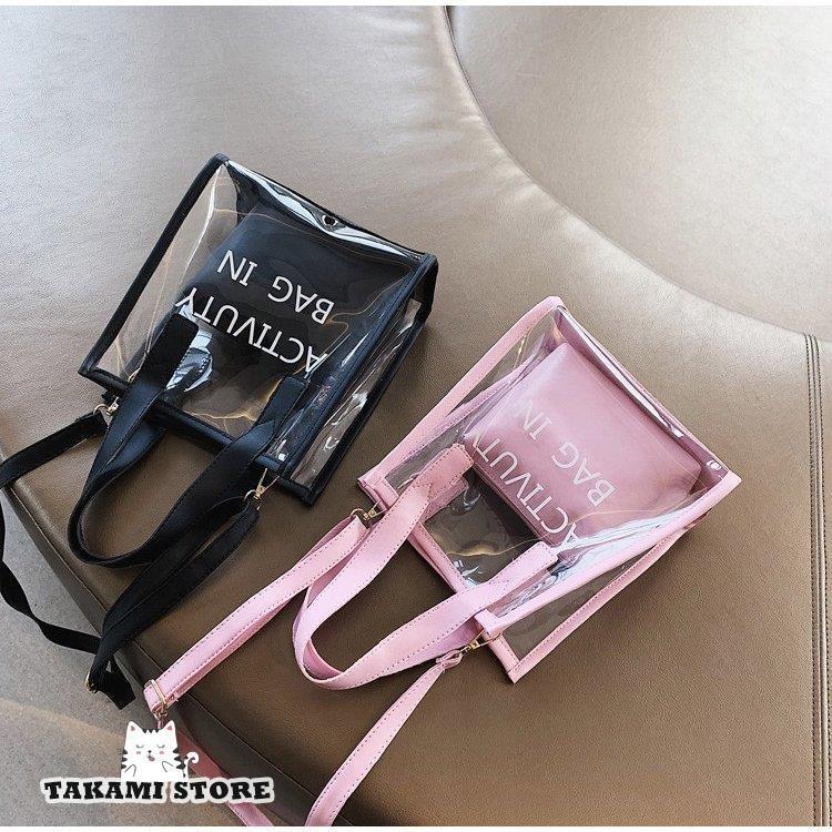 クリアバッグ 透明 ポーチ付き トートバッグ ハンドバッグ 肩がけバッグ おしゃれ 大容量 防水 ビニールバッグ 透明バッグ ショルダーバッグ 