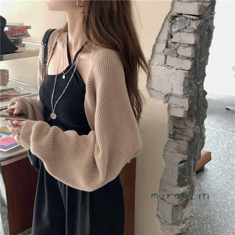 ボレロニットカーディガン クロップド丈 秋 レディース 大人カジュアル 長袖ショート丈カーデ ドロップショルダー 前開きニットトップス 羽織り 韓国 