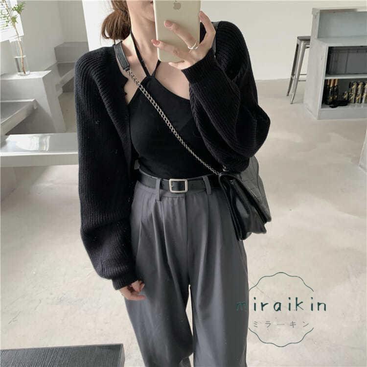 ボレロニットカーディガン クロップド丈 秋 レディース 大人カジュアル 長袖ショート丈カーデ ドロップショルダー 前開きニットトップス 羽織り 韓国 