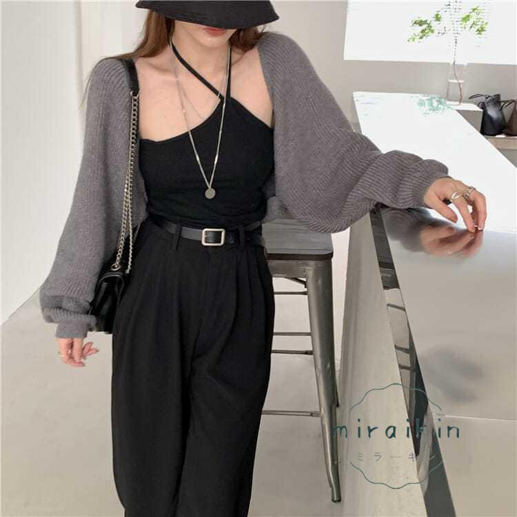 ボレロニットカーディガン クロップド丈 秋 レディース 大人カジュアル 長袖ショート丈カーデ ドロップショルダー 前開きニットトップス 羽織り 韓国 