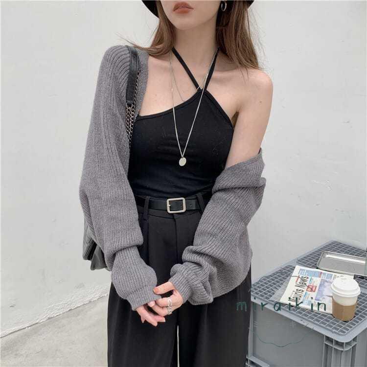 ボレロニットカーディガン クロップド丈 秋 レディース 大人カジュアル 長袖ショート丈カーデ ドロップショルダー 前開きニットトップス 羽織り 韓国 