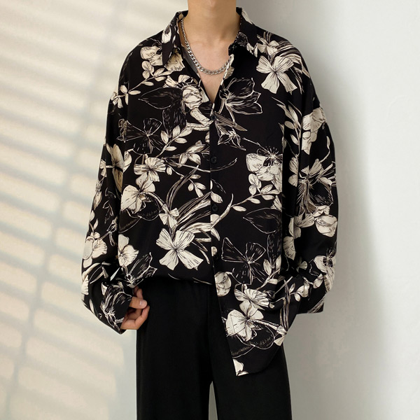 あり 柄シャツ ボタニカル柄 長袖シャツ 和風 レトロ シャツ 花柄 衣装 韓国ファッション 大きいサイズ秋服 トップス ダンス 黒 セピアブラック 
