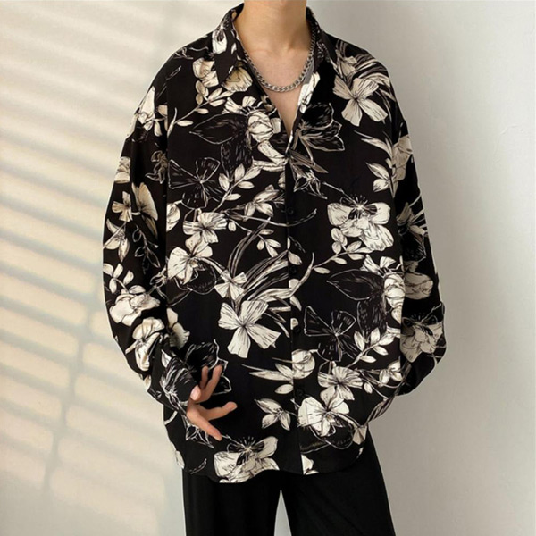 あり 柄シャツ ボタニカル柄 長袖シャツ 和風 レトロ シャツ 花柄 衣装 韓国ファッション 大きいサイズ秋服 トップス ダンス 黒 セピアブラック 