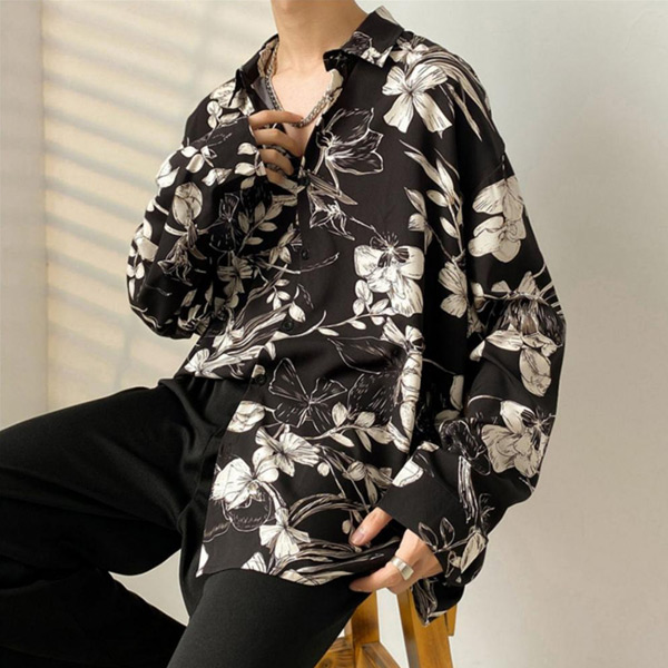 あり 柄シャツ ボタニカル柄 長袖シャツ 和風 レトロ シャツ 花柄 衣装 韓国ファッション 大きいサイズ秋服 トップス ダンス 黒 セピアブラック 