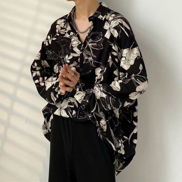 あり 柄シャツ ボタニカル柄 長袖シャツ 和風 レトロ シャツ 花柄 衣装 韓国ファッション 大きいサイズ秋服 トップス ダンス 黒 セピアブラック 