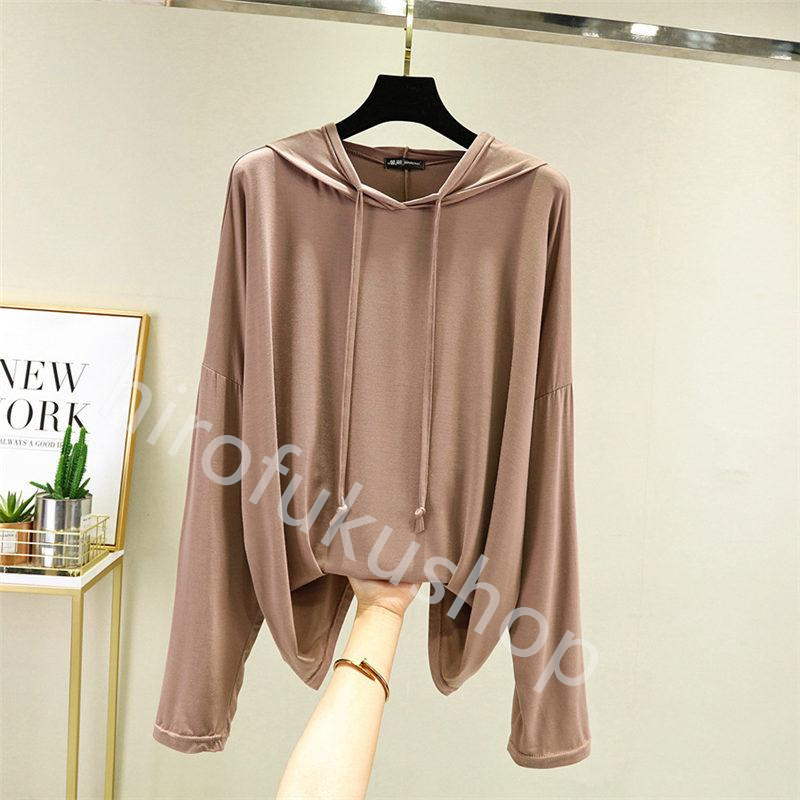フード付き Tシャツ カットソー レディース 長袖 薄手 ゆったり トップス 春秋 ルームウエア モダール Tシャツ 長袖Tシャツ 柔らかい 