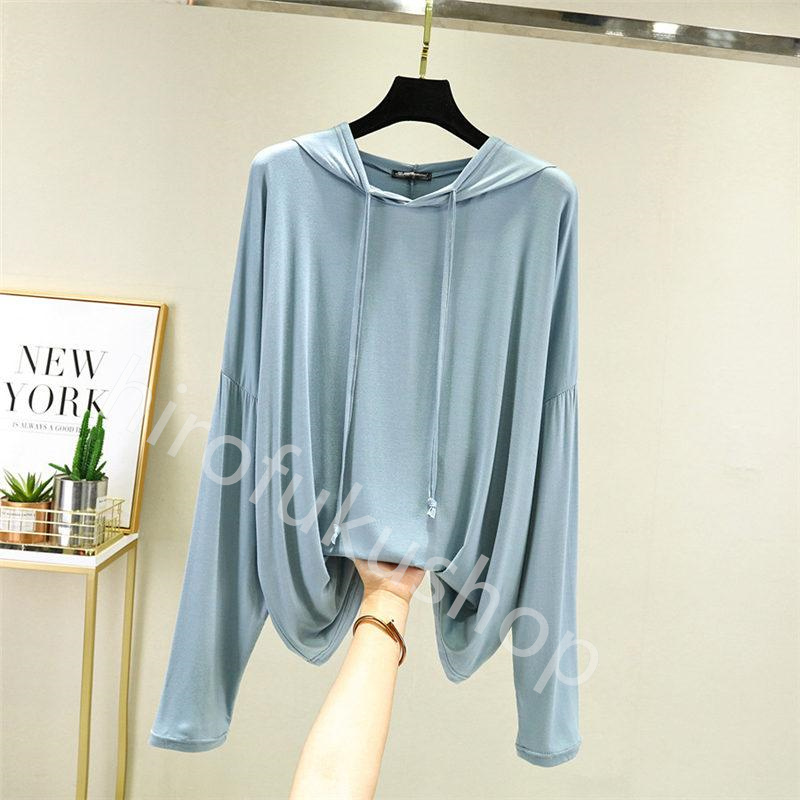 フード付き Tシャツ カットソー レディース 長袖 薄手 ゆったり トップス 春秋 ルームウエア モダール Tシャツ 長袖Tシャツ 柔らかい 