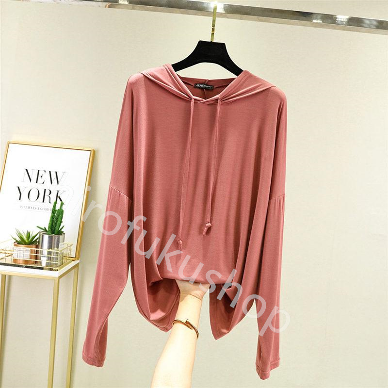 フード付き Tシャツ カットソー レディース 長袖 薄手 ゆったり トップス 春秋 ルームウエア モダール Tシャツ 長袖Tシャツ 柔らかい 