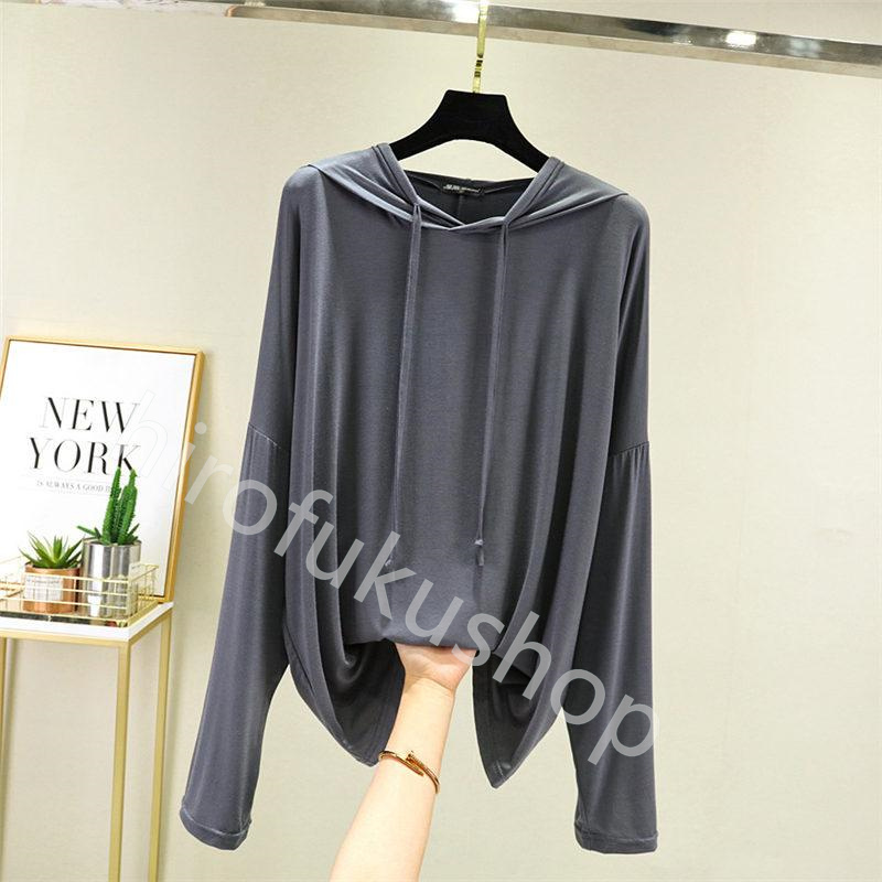 フード付き Tシャツ カットソー レディース 長袖 薄手 ゆったり トップス 春秋 ルームウエア モダール Tシャツ 長袖Tシャツ 柔らかい 