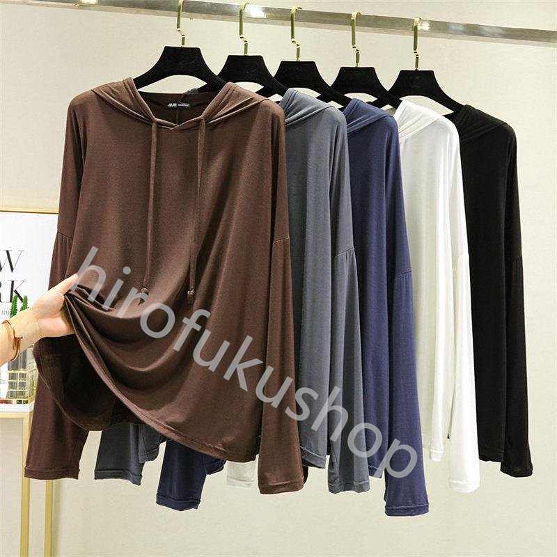 フード付き Tシャツ カットソー レディース 長袖 薄手 ゆったり トップス 春秋 ルームウエア モダール Tシャツ 長袖Tシャツ 柔らかい 