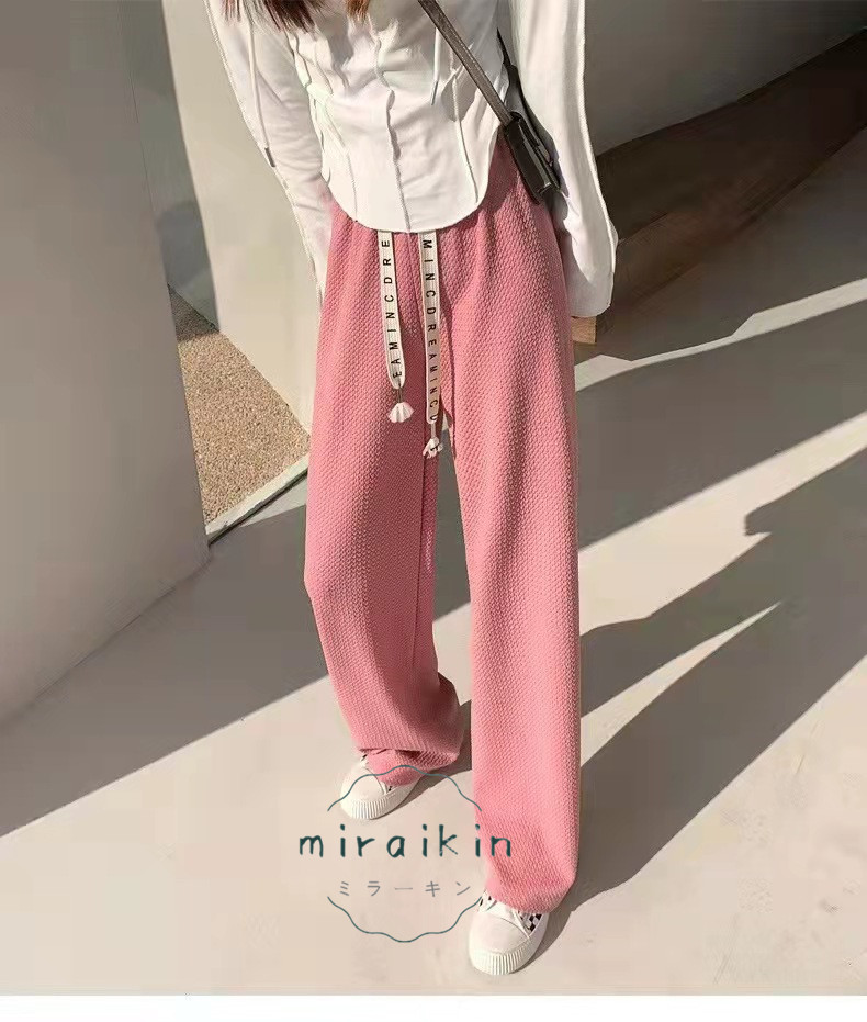 ワッフル調ストレートパンツ レディース 夏 楽ちんワイドパンツ ロゴ紐 韓国風 おしゃれ 立体感 カジュアル カラーパンツ 脚長パンツ 春夏 ストレッチパンツ 3D 