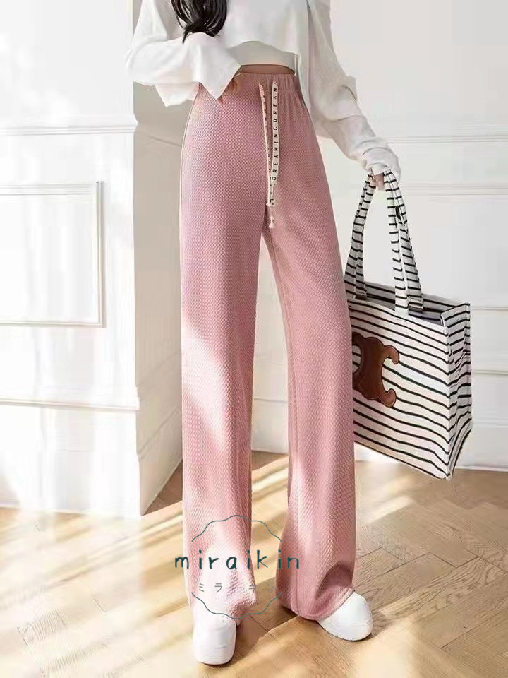 ワッフル調ストレートパンツ レディース 夏 楽ちんワイドパンツ ロゴ紐 韓国風 おしゃれ 立体感 カジュアル カラーパンツ 脚長パンツ 春夏 ストレッチパンツ 3D 