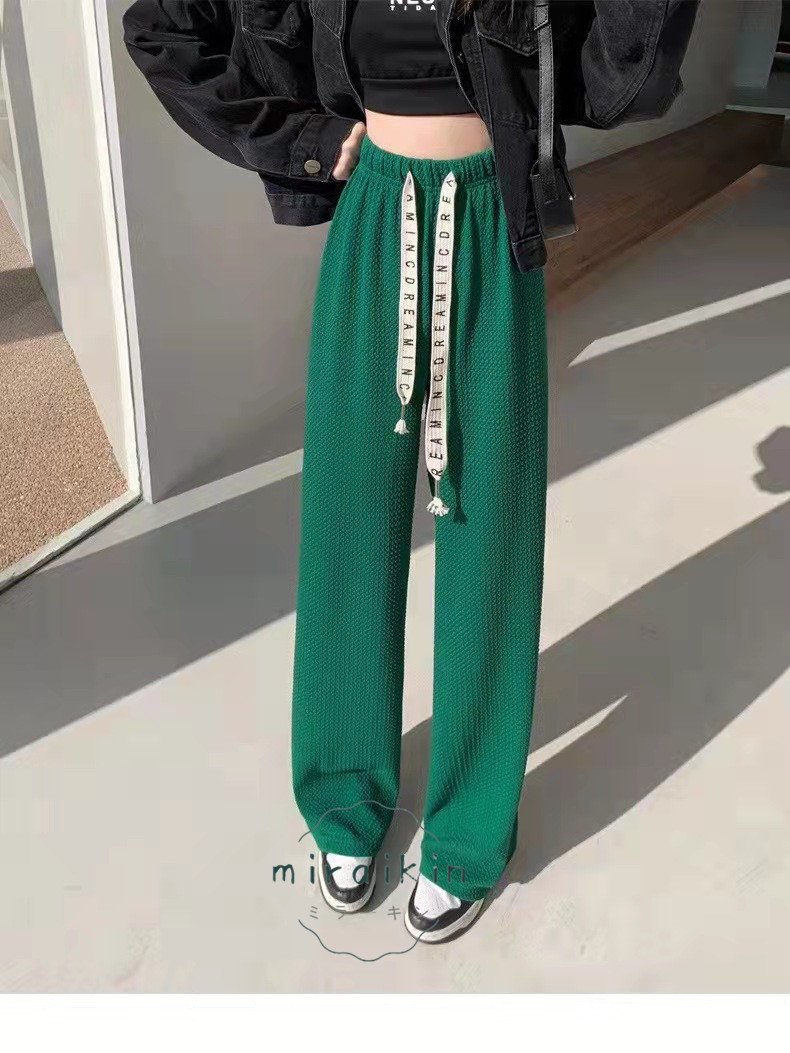 ワッフル調ストレートパンツ レディース 夏 楽ちんワイドパンツ ロゴ紐 韓国風 おしゃれ 立体感 カジュアル カラーパンツ 脚長パンツ 春夏 ストレッチパンツ 3D 