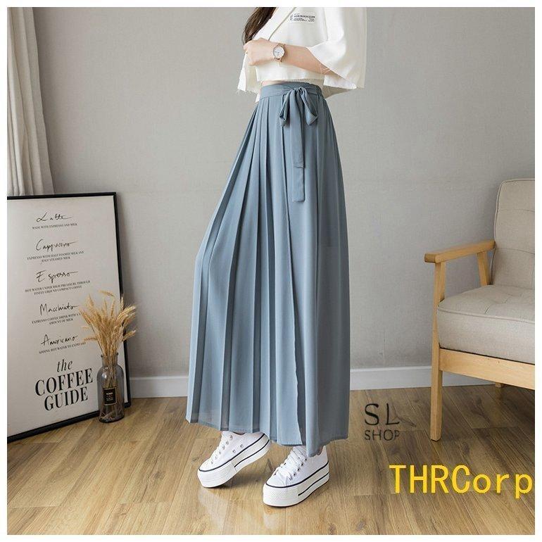 パンツ レディース ワイドパンツ ガウチョパンツ ウエストリボン スカーチョ プリーツ スカンツ フカジュアル 