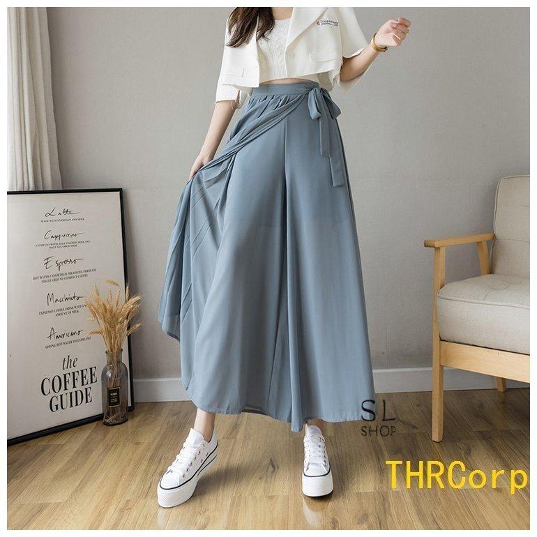 パンツ レディース ワイドパンツ ガウチョパンツ ウエストリボン スカーチョ プリーツ スカンツ フカジュアル 