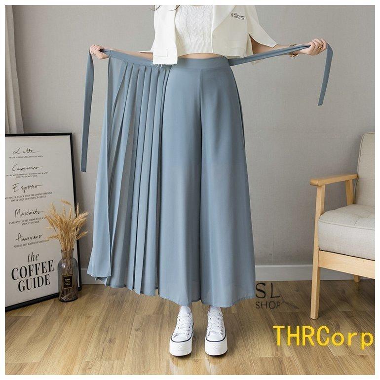 パンツ レディース ワイドパンツ ガウチョパンツ ウエストリボン スカーチョ プリーツ スカンツ フカジュアル 