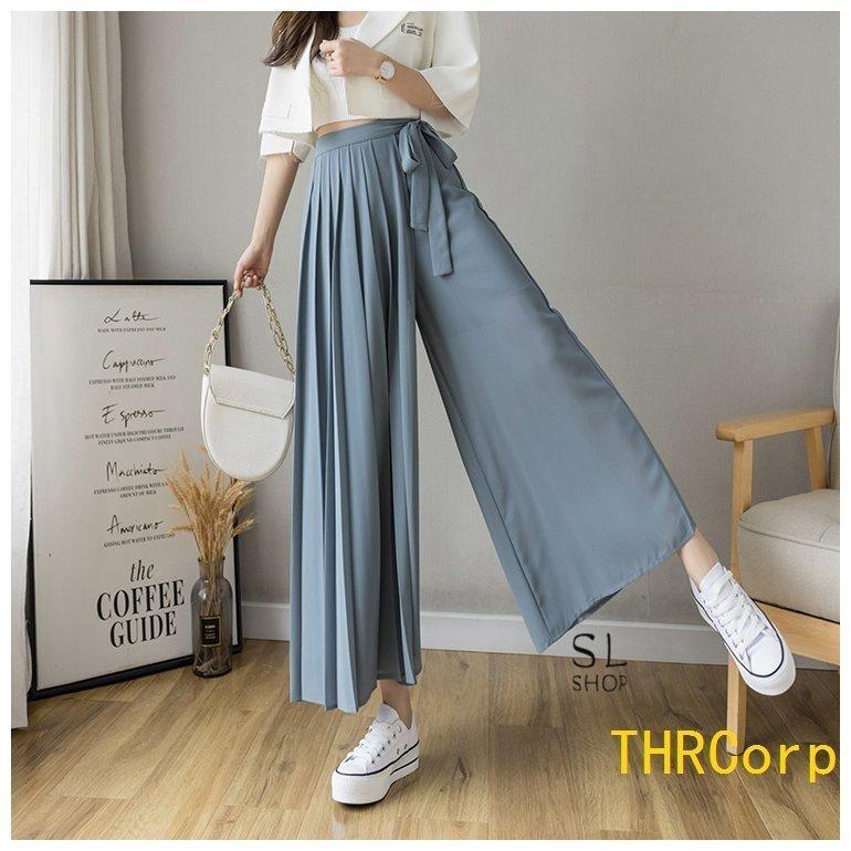 パンツ レディース ワイドパンツ ガウチョパンツ ウエストリボン スカーチョ プリーツ スカンツ フカジュアル 