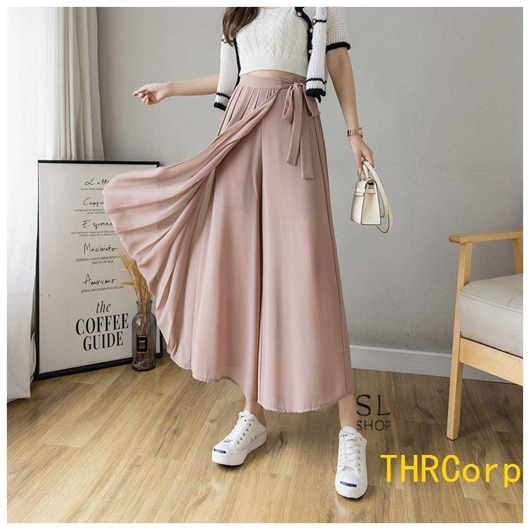 パンツ レディース ワイドパンツ ガウチョパンツ ウエストリボン スカーチョ プリーツ スカンツ フカジュアル 