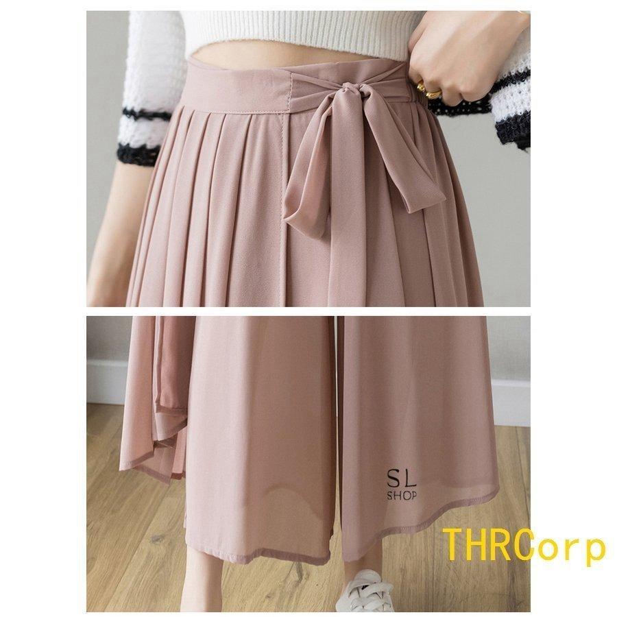 パンツ レディース ワイドパンツ ガウチョパンツ ウエストリボン スカーチョ プリーツ スカンツ フカジュアル 