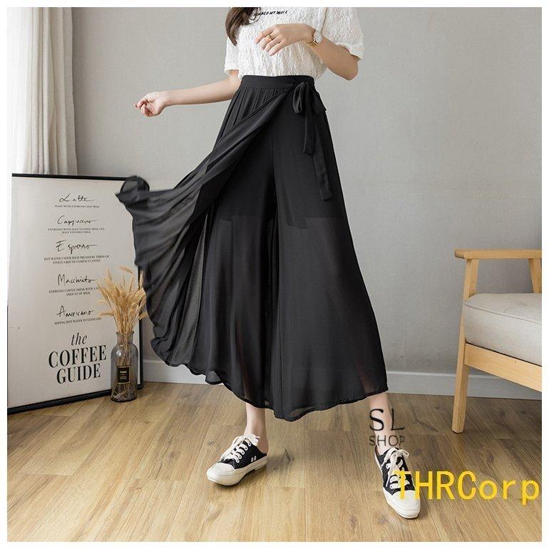 パンツ レディース ワイドパンツ ガウチョパンツ ウエストリボン スカーチョ プリーツ スカンツ フカジュアル 