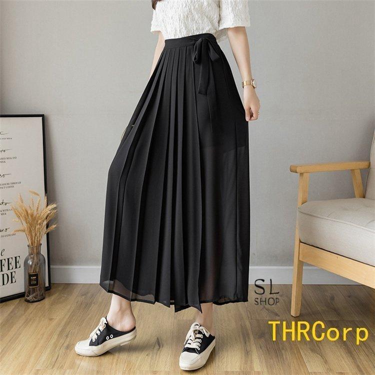 パンツ レディース ワイドパンツ ガウチョパンツ ウエストリボン スカーチョ プリーツ スカンツ フカジュアル 