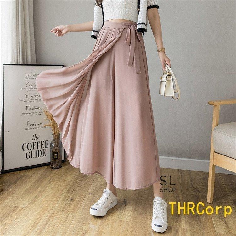 パンツ レディース ワイドパンツ ガウチョパンツ ウエストリボン スカーチョ プリーツ スカンツ フカジュアル 