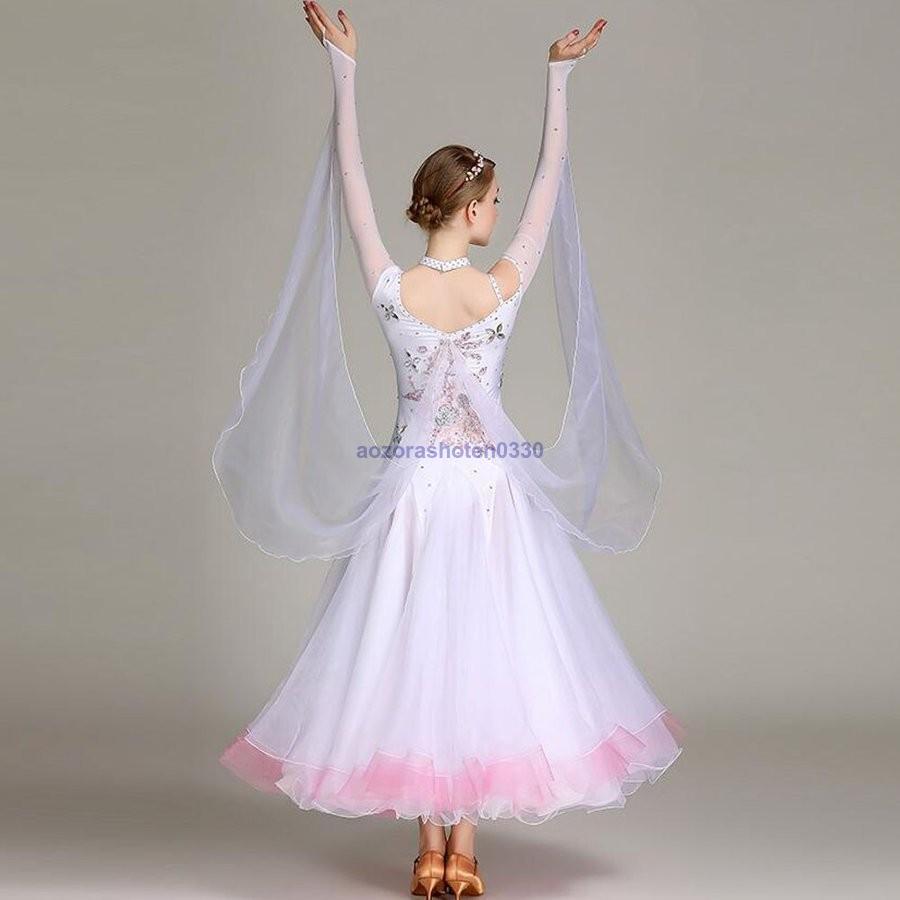 社交ダンス競技ドレス デモ用 発表会用演出服 ファッションパーティー用ドレス ダンス試合服 豪華新作 ホワイト 社交 
