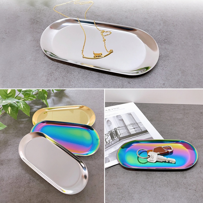 小物 トレー 2個セット オーバルトレイ ステンレス 鏡面加工 レジ ステンレス 。 北欧風 高級感 光沢 鍵 プレゼント 小物置き 会計 アクセサピアス 
