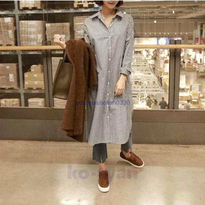 ワンピース レディース 秋 シャツワンピース チュニック 長袖 体型カバー 通勤 ロング丈 20代30代40代 カジュアル 着痩せ ストライプ 大きいサイズ OL 