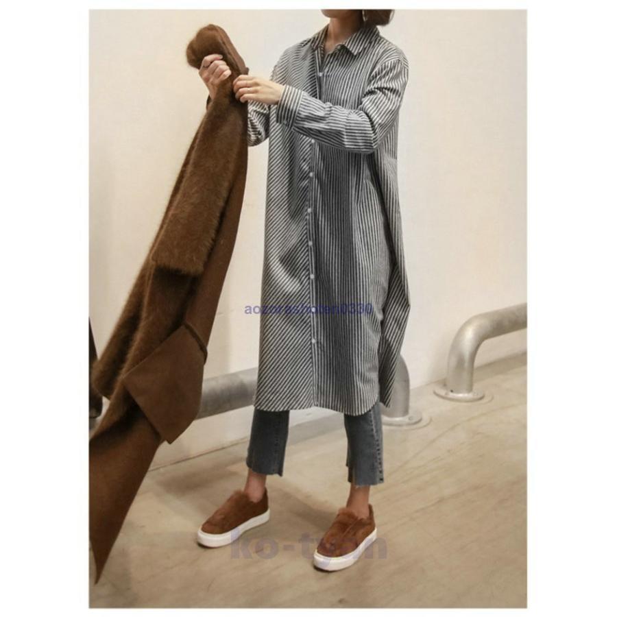 ワンピース レディース 秋 シャツワンピース チュニック 長袖 体型カバー 通勤 ロング丈 20代30代40代 カジュアル 着痩せ ストライプ 大きいサイズ OL 