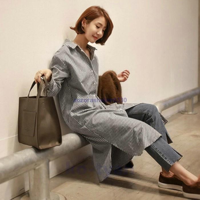 ワンピース レディース 秋 シャツワンピース チュニック 長袖 体型カバー 通勤 ロング丈 20代30代40代 カジュアル 着痩せ ストライプ 大きいサイズ OL 