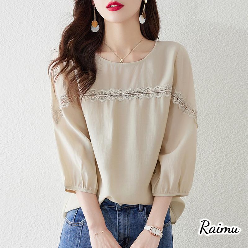 ブラウス レディース 40代 春夏秋新作 オシャレブラウス 七分袖ブラウス 韓国風大人 レース刺繍 上品 通勤OL パフスリーブトップス ゆったりシャツ50代RAIMU 
