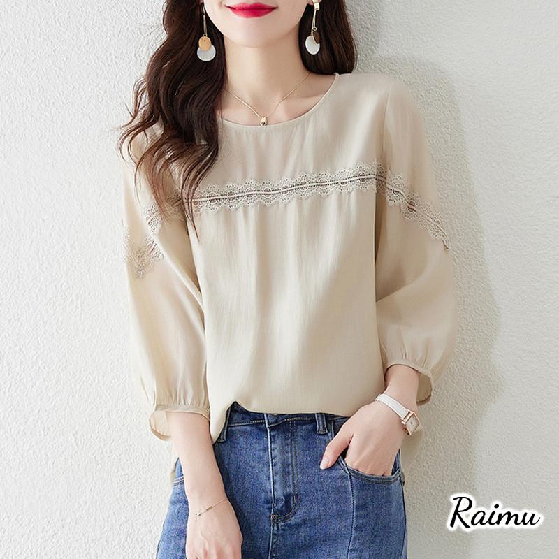 ブラウス レディース 40代 春夏秋新作 オシャレブラウス 七分袖ブラウス 韓国風大人 レース刺繍 上品 通勤OL パフスリーブトップス ゆったりシャツ50代RAIMU 