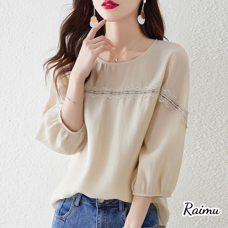 ブラウス レディース 40代 春夏秋新作 オシャレブラウス 七分袖ブラウス 韓国風大人 レース刺繍 上品 通勤OL パフスリーブトップス ゆったりシャツ50代RAIMU 