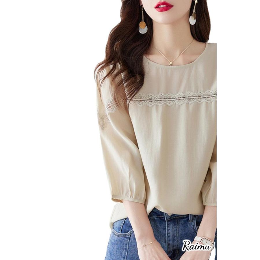 ブラウス レディース 40代 春夏秋新作 オシャレブラウス 七分袖ブラウス 韓国風大人 レース刺繍 上品 通勤OL パフスリーブトップス ゆったりシャツ50代RAIMU 