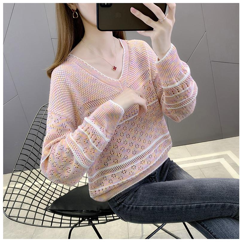 レディース ニット トップス 透し編み ニットソー ファッション 長袖 女の子 フェミニン 大人 Vネック 秋 夏新作 プルオーバー 