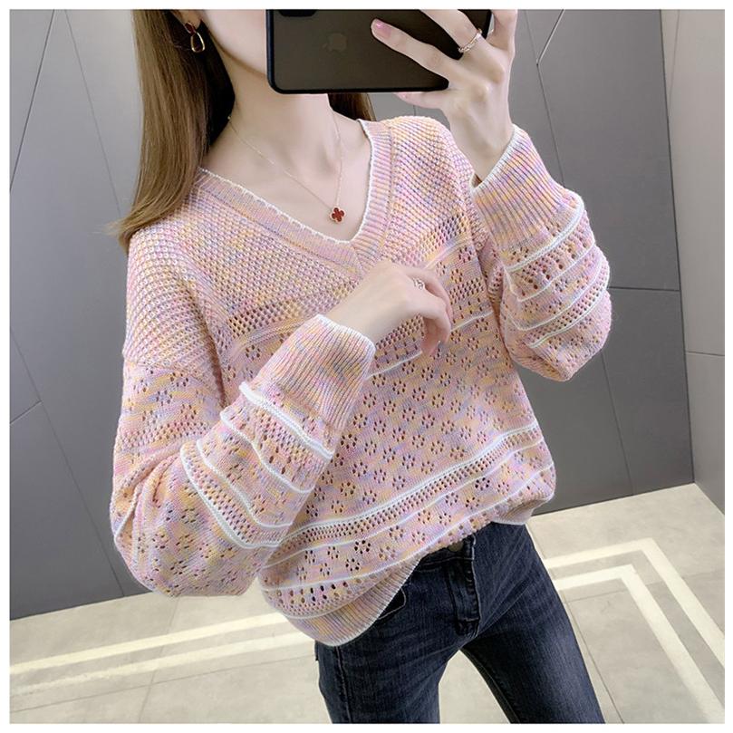 レディース ニット トップス 透し編み ニットソー ファッション 長袖 女の子 フェミニン 大人 Vネック 秋 夏新作 プルオーバー 