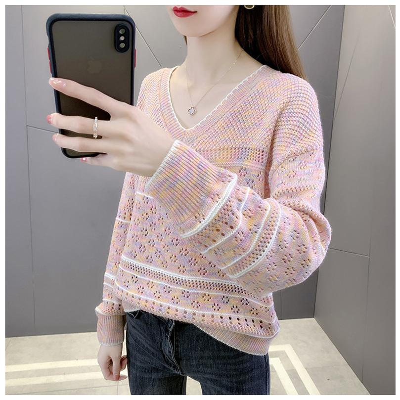 レディース ニット トップス 透し編み ニットソー ファッション 長袖 女の子 フェミニン 大人 Vネック 秋 夏新作 プルオーバー 